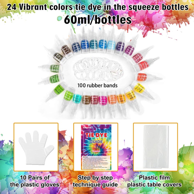 Vanstek Tie Dye Kit, 24 Colors Tie Dye Shirt DIY Fabric Dye for Women, Kids, Men, with Rubber Bands, Gloves, Plastic Film and Table Covers for Family Friends Group Party Supplies - Image 2